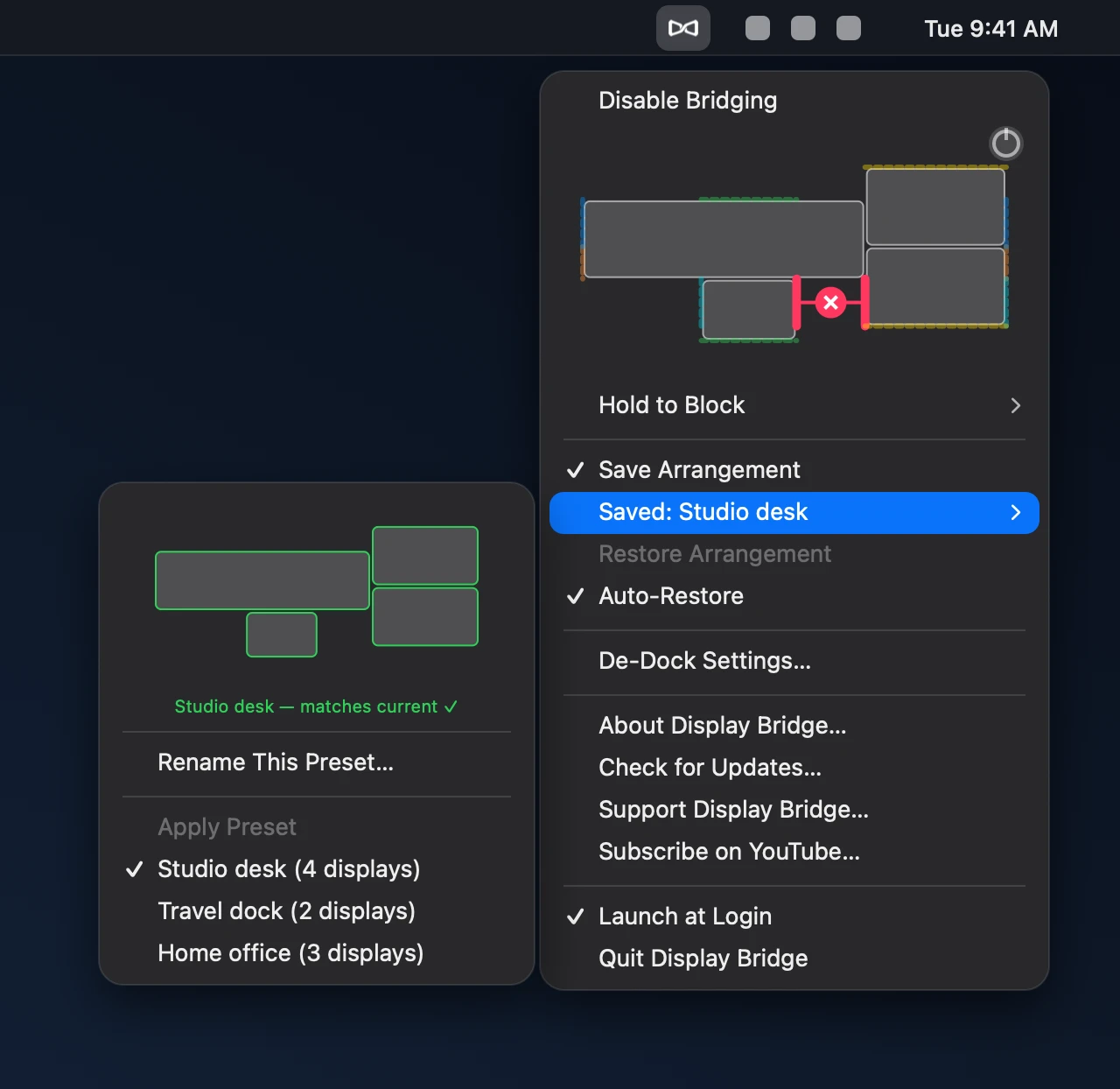 Display Bridge's menu bar menu: a diagram of the display arrangement with the bridges marked, Hold to Block, Save Arrangement, a saved preset submenu, De-Dock Settings, About, Check for Updates, Support, Subscribe, Launch at Login and Quit.