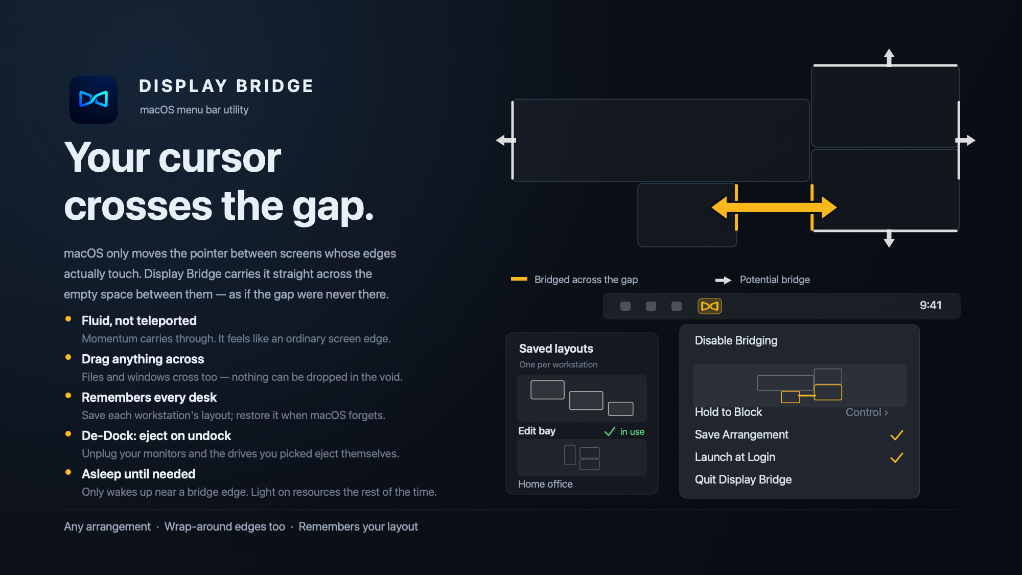 Display Bridge: your cursor crosses the gap. It carries the pointer across the empty space between displays whose edges do not touch.