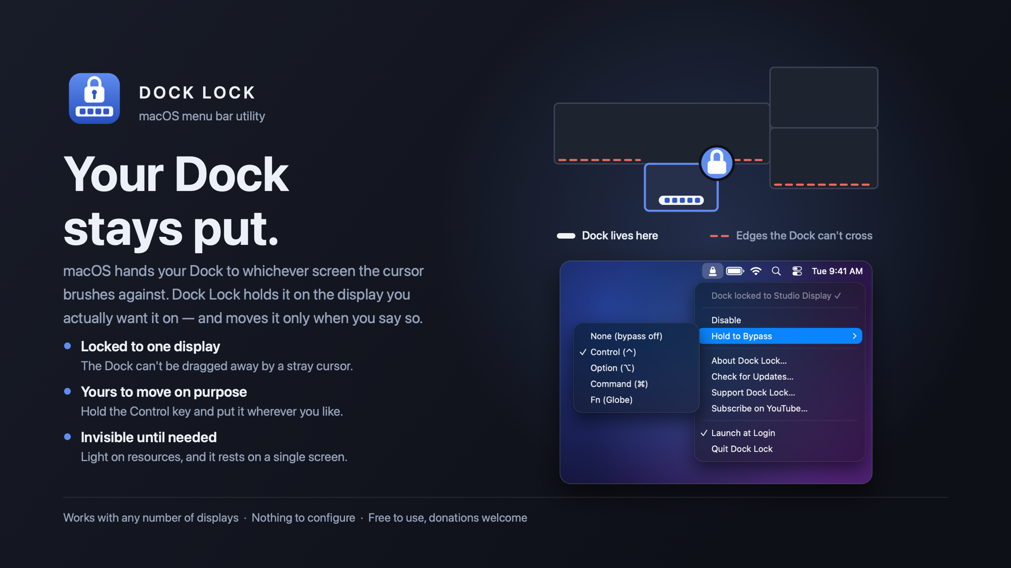 Dock Lock: your Dock stays put. It holds the macOS Dock on the display you want and moves it only when you say so.