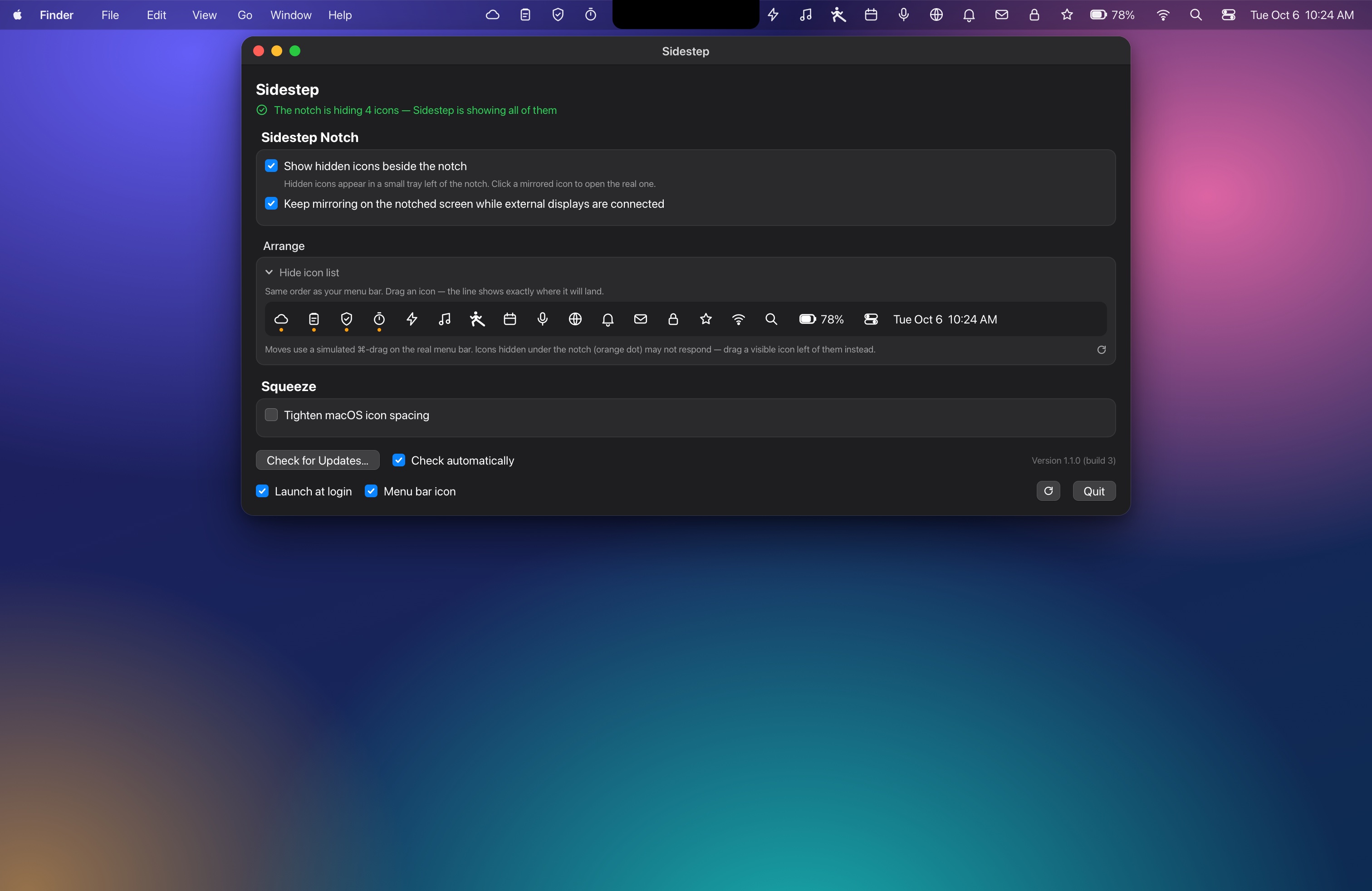 A MacBook desktop with the Sidestep window open; four menu bar icons that the notch would hide are shown in a row just left of the notch.