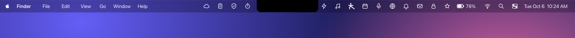 The same menu bar with Sidestep: the four hidden icons appear in a row just left of the notch.