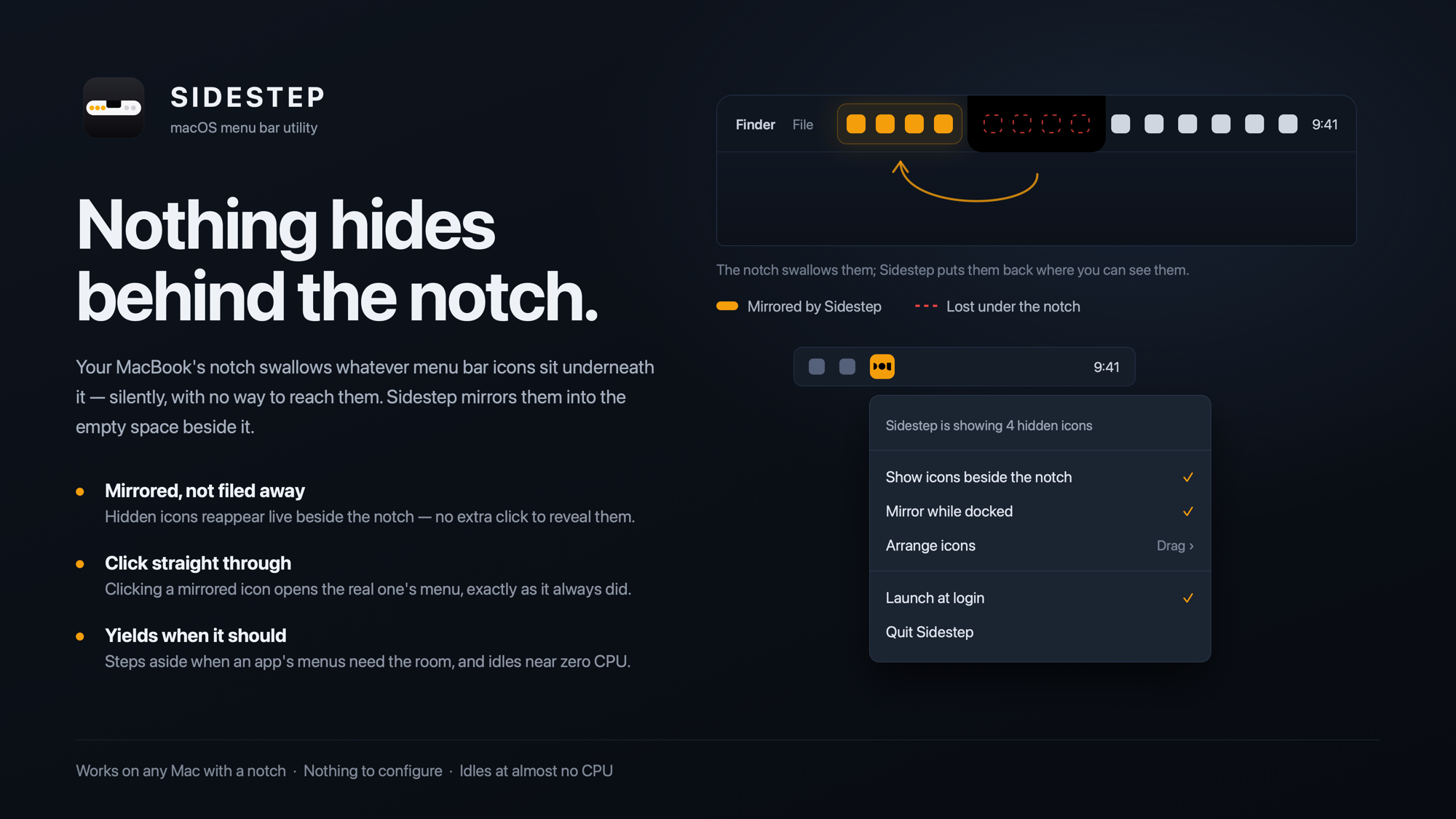 Sidestep: nothing hides behind the notch. Your MacBook's notch swallows menu bar icons; Sidestep mirrors them into the empty space beside it.